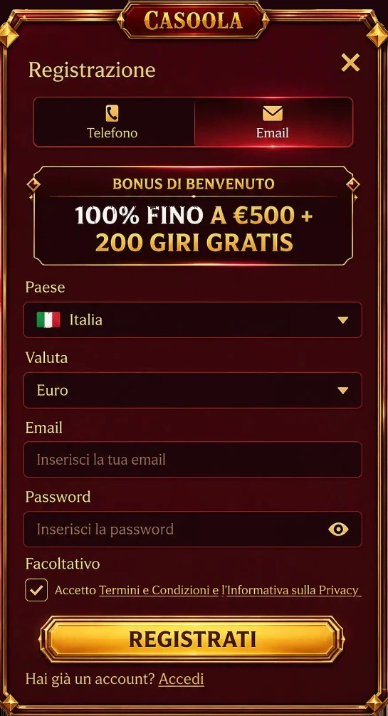 Casoola Registrazione: bonus di benvenuto 100% fino a 500€ + 200 giri gratis